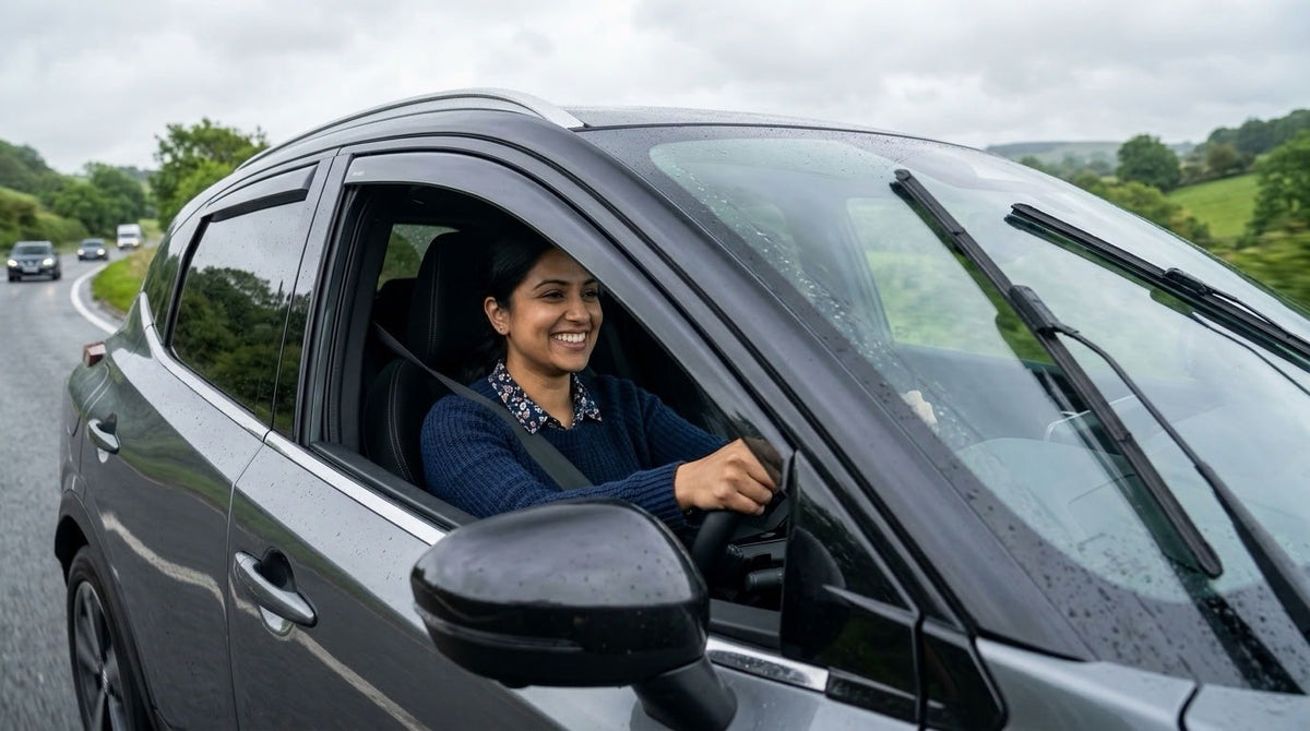 Woman driving with the window down on a wet country road, a wind deflector fitted above the glass
