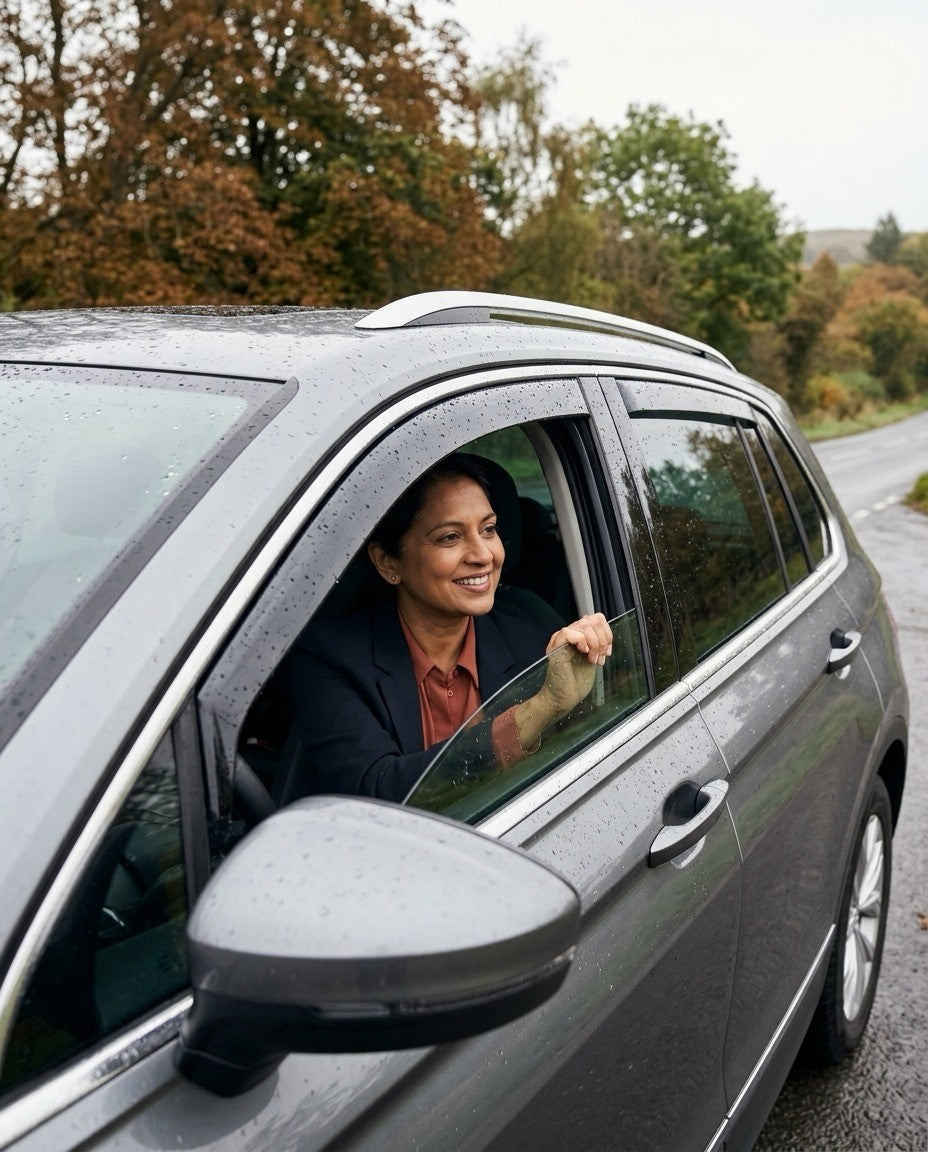 Woman at the half-open window of a rain-covered car, a wind deflector fitted above it