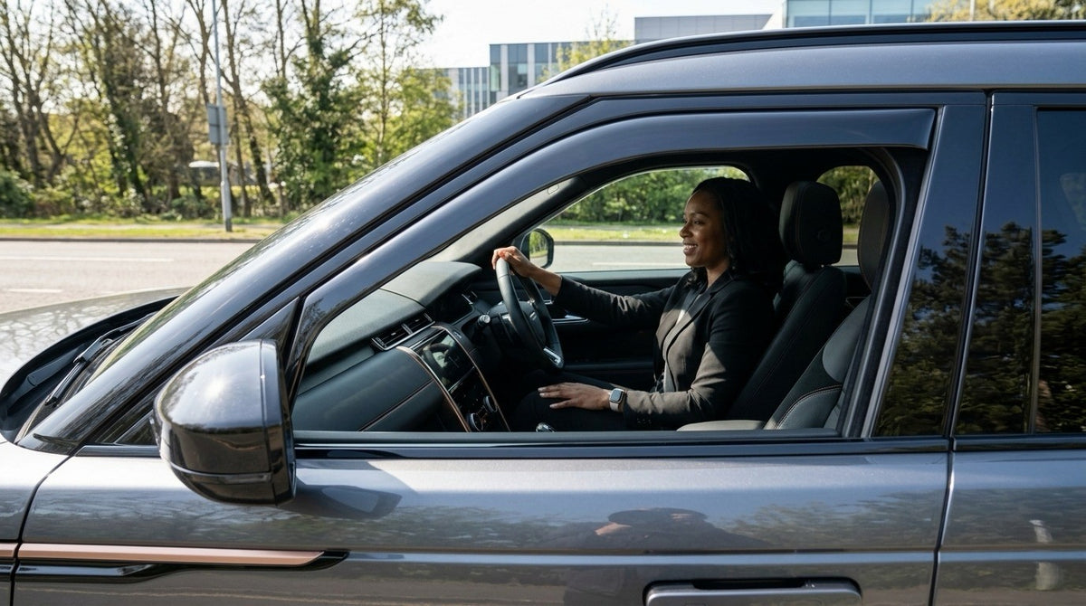 Woman at the wheel with the window down on a bright day, a wind deflector fitted above the door glass